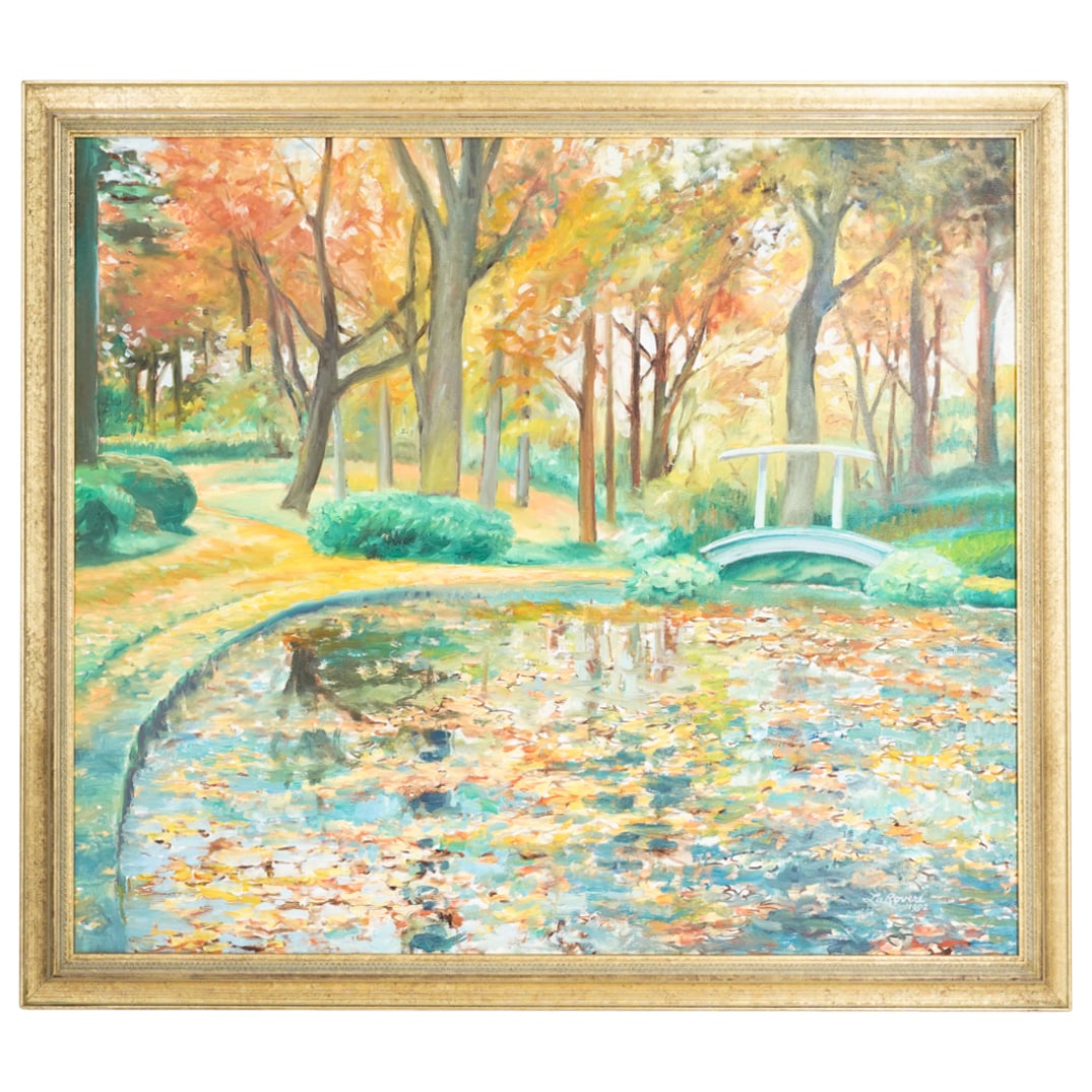 Richard La Rovere (American) Impressionist Landscape Oil on Canvas Painting: DESCRIPTION: Landscape oil on canvas painting by American artist Richard La Rovere; Depicting in a impressionist manner a colorful scene of a forest, a reflective body of water surmounted by a bridge 