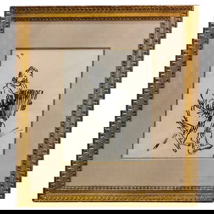 Theophile Alexandre Steinlen (1859-1923) Ink on Paper Illustration: Theophile Alexandre Steinlen (1859-1923) Ink on paper illustration of a seated man playing the accordion, mounted in gilt carved frame. Charles E. Slatkin" label from Maison De La Pensee Francaise Par
