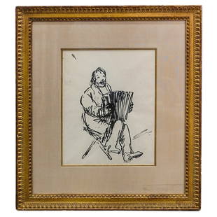 Theophile Alexandre Steinlen (1859-1923) Ink on Paper Illustration: Theophile Alexandre Steinlen (1859-1923) Ink on paper illustration of a seated man playing the accordion, mounted in gilt carved frame. Charles E. Slatkin" label from Maison De La Pensee Francaise Par