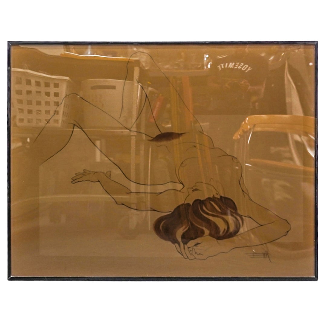 Eva Ruiz (Colombian, 20th Cen.) Signed Mixed Media Painting On Plywood: DESCRIPTION: A signed and framed mixed media painting on plywood depicting a reclining female nude figure by artist Eva Ruiz (Colombian, 20th Century. Titled "Melody I". With a black acrylic frame. CI