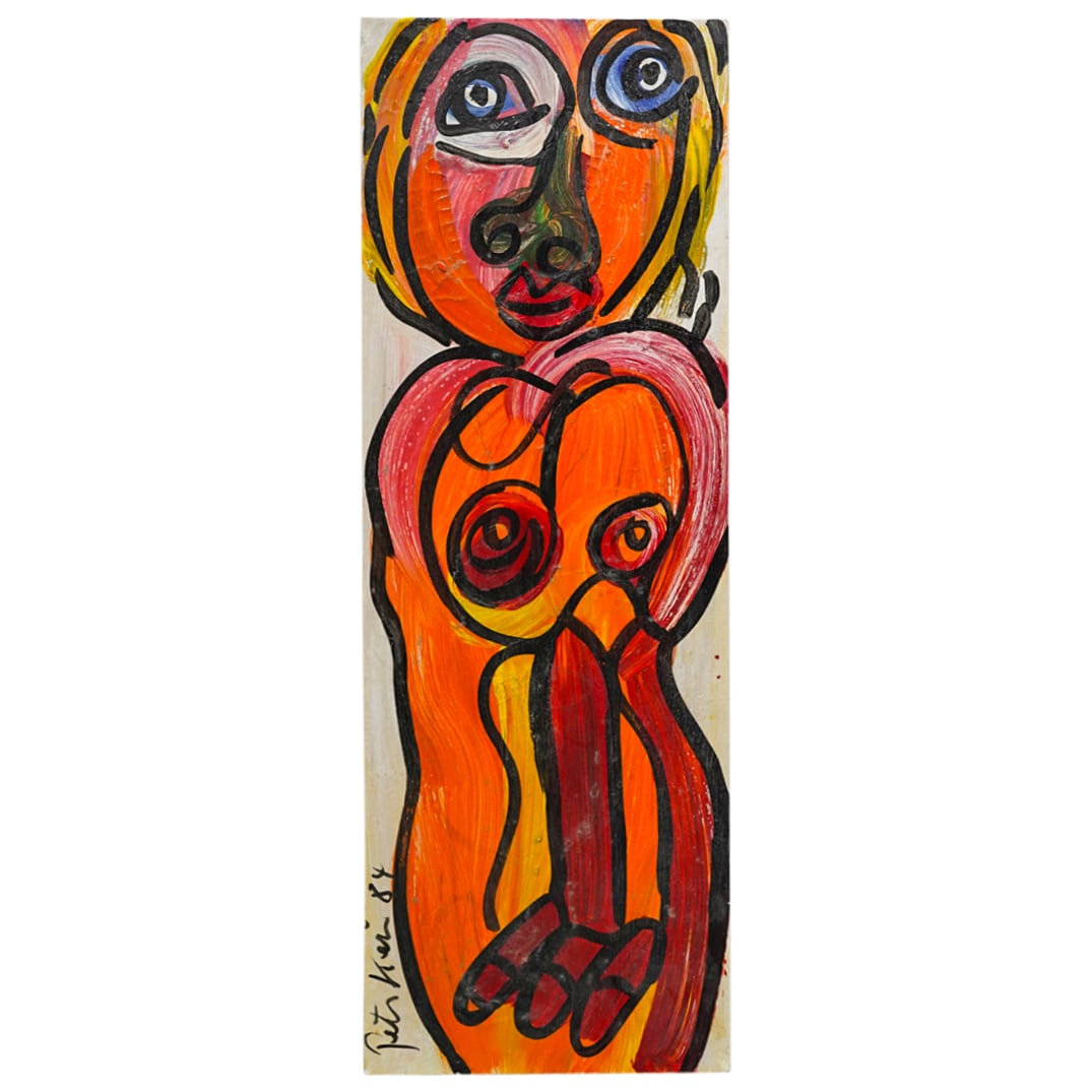 Peter Kiel (B. 1942) "Miss Obama" Oil On Canvas: DESCRIPTION: Oil on canvas painting entitled "Miss Obama" by Peter Keil depicting a highly stylized nude woman in polychrome tones against a white background. Signed at bottom left and signed, dated,