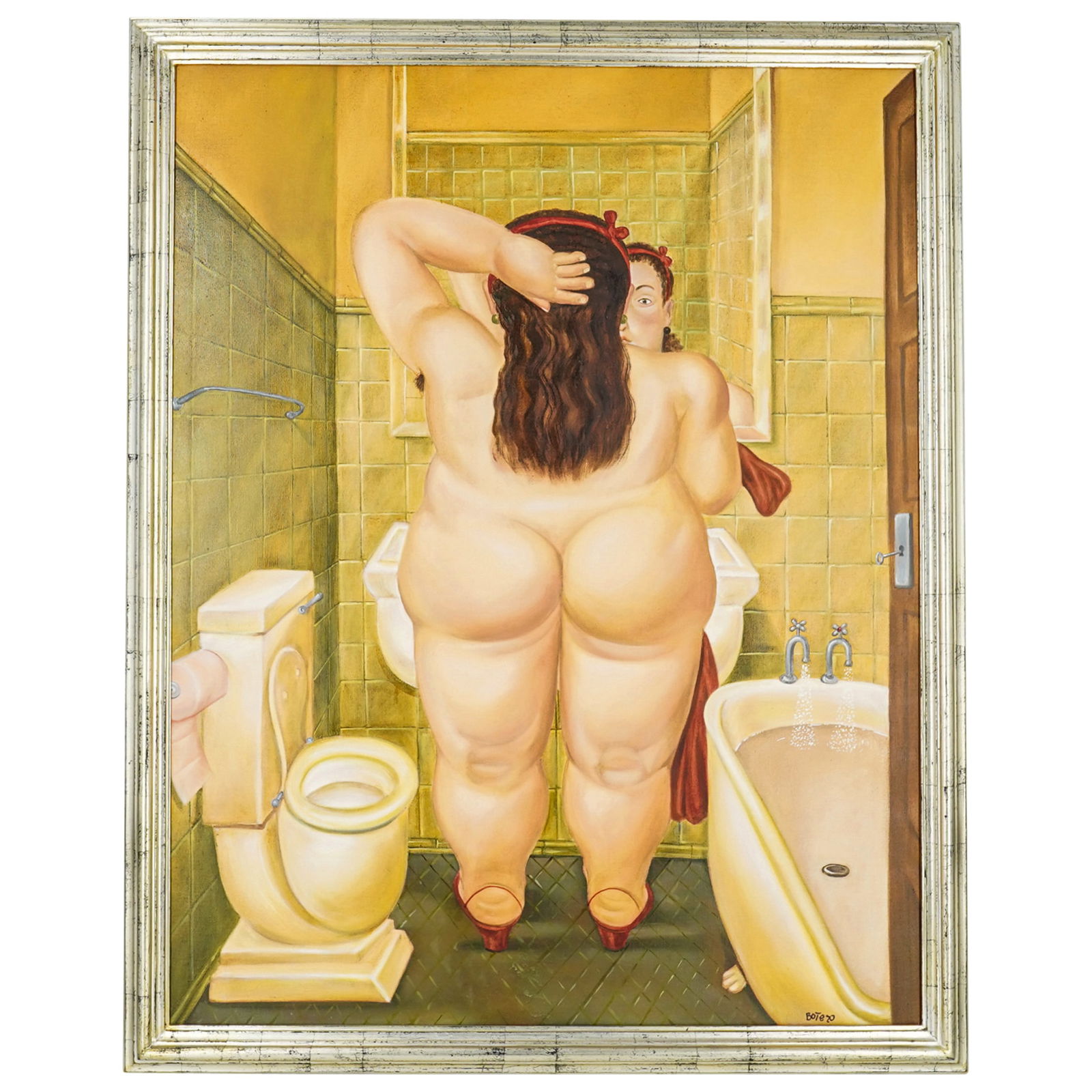 After Fernando Botero "The Bath" Oil On Canvas: DESCRIPTION: Oil on canvas painting after "The Bath" by Fernando Botero depicting a nude woman looking at herself in a mirror while running a bath. Marked at bottom right: "BOTERO". Marked on back: "H