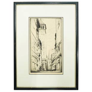 BJO Nordfeldt (Swedish/American, 1878) Signed Original Etching: DESCRIPTION: Bror Julius Olsson Nordfeldt (Swedish/American, 1878 - 1955) original etching titled "The Bankers Trust Building and Wall Street". Depicts a cityscape of Wall Street, in Manhattan, New Yo