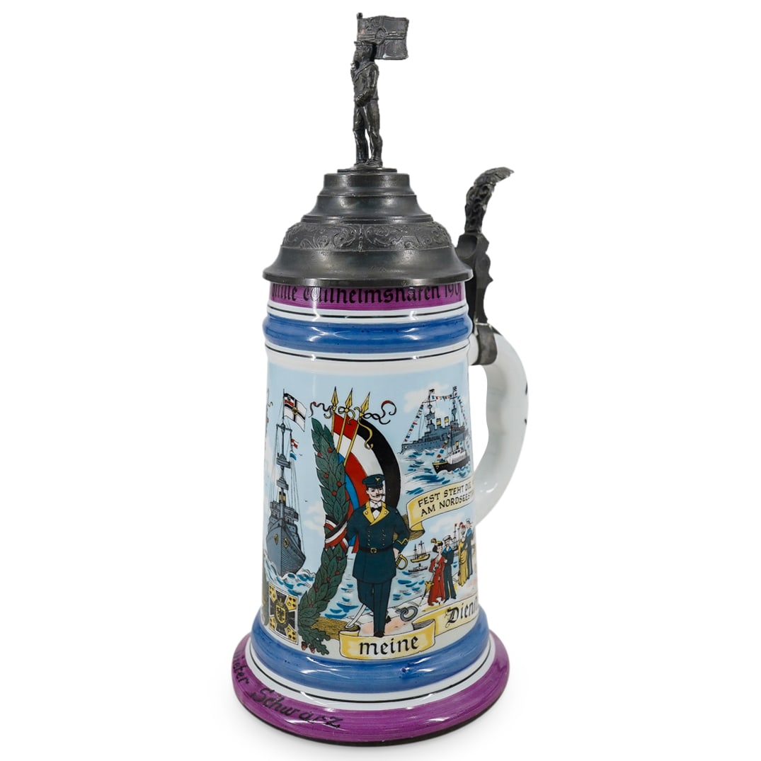 German Porcelain & Pewter Navy Lithophane Beer Stein: DESCRIPTION: Vintage German Porcelain Beer Stein with a military navy scene polychrome motif, depicting a sailor with Naval flags and names and dates pertaining to actual historical events. Finished w