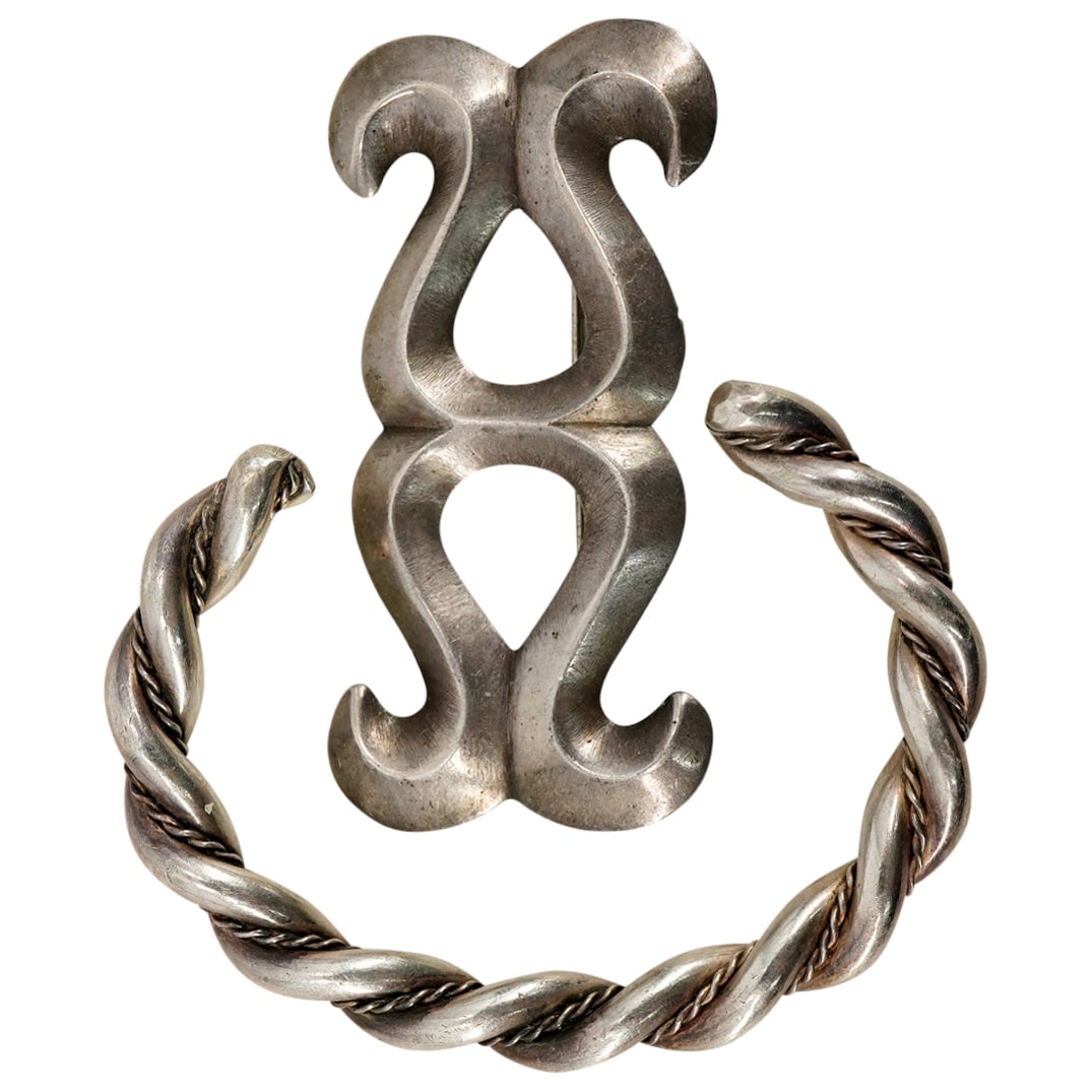 (2 Pc) Mexican Sterling Silver Bracelet & Brooch Set (1 of 5)