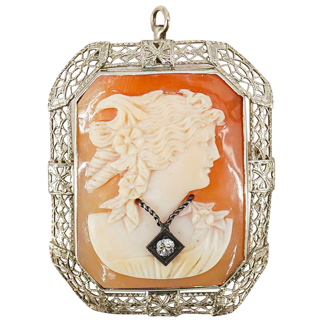 Sterling Silver Cameo Pendant Brooch W/ Diamond (1 of 3)