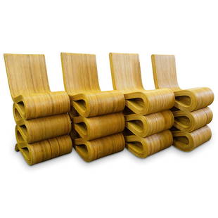 (4 Pc) Frank Gehry Style Pencil Reed Wiggle Chairs: DESCRIPTION: A set of four Chairs in the style of Frank Gehry's "Wiggle Chairs", each chair excellently crafted with vertical pencil reed designs. CIRCA: Late 20th Cent. ORIGIN: USA DIMENSIONS: H: 47"