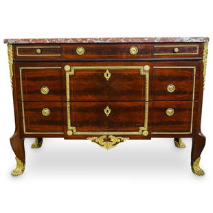 Antique Transitional Ormolu Bronze, Wood and Marble Top Cabinet: DESCRIPTION: Antique Transitional Cabinet comprised of a wood foundation mounted with ornate ormolu bronze fittings along the drawers and sides. Standing atop lion paw bronze feet and completed with a