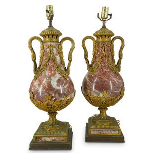 Pair of Louis XI Ormolu Bronze and Marble cassolette Lamps: DESCRIPTION: A pair of ormolu bronze and marble cassolette lamps, each comprised of a reddish marble center and base mounted with ornate ormolu bronze decorations. Flanked on either side with figural