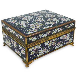 Antique Japanese Meiji LIdded Cloisonne Box: DESCRIPTION: Antique Meiji cloisonne box featuring sakura ("cherry blossom") motifs on sides and lid and sporting etched songbird and bamboo motifs on interior of lid and compartment. CIRCA: Late 19th