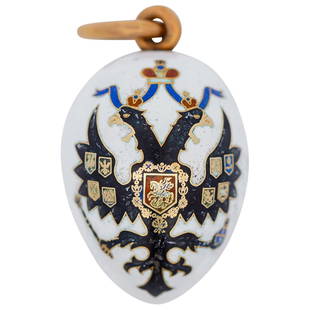 Faberge Alexander III 14k Gold and Enamel Egg Pendant: DESCRIPTION: A Faberge 14k gold egg form pendant decorated along the exterior with white enameling, further decorated with black and red enameling depicting imperial double eagle and Alexander III mon