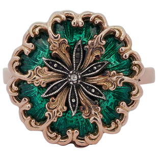 Imperial Faberge Era 14k Gold and Diamond Ring: DESCRIPTION: An Imperial Faberge Era 14k Gold and Diamond Ring features floral motifs decorated with green enamel and small inset diamonds. Stamped "56" "KF". Total Weight: 7.8 Grams (5 dwt). Comes wi