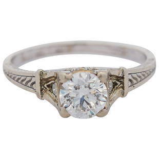 Art Deco 14k Gold and Diamond Ring: DESCRIPTION: An Art Deco 14k Gold and Diamond Ring, centered by a .90 ct round cut diamond (H/I color | VS Clarity). Stamped "585", Total Weight: 2.9 Grams (1.86 dwt) Comes with original box. CIRCA: 1