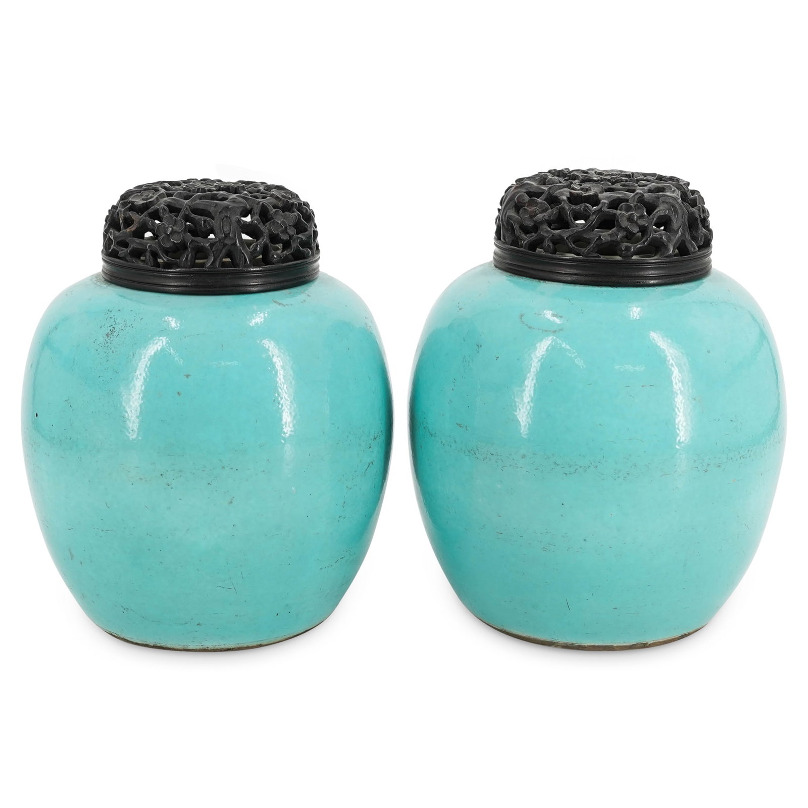 Pair Of Chinese Turquoise Porcelain Jars With Covers (1 of 10)