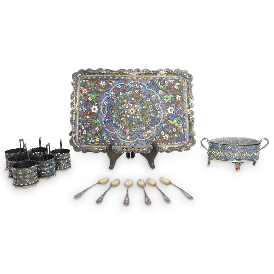 (14 Pc) Antique Persian Enameled Silver Tea Service (1 of 8)