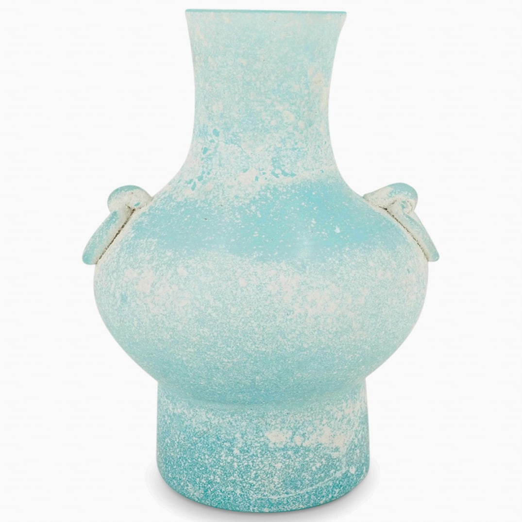 Italian Murano Scavo Light Blue Urn Art Glass Vase: DESCRIPTION: Italian Murano Scavo light blue and white spotted art glass urn handled vase. Designed with scavo technique involving the application to the surface of substances that when heated to high