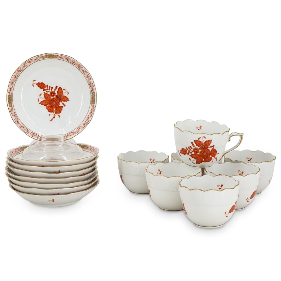 (15 Pc) Herend Porcelain "Chinese Bouquet Rust" Flat Demitasse Cup & Saucer Set (1 of 6)