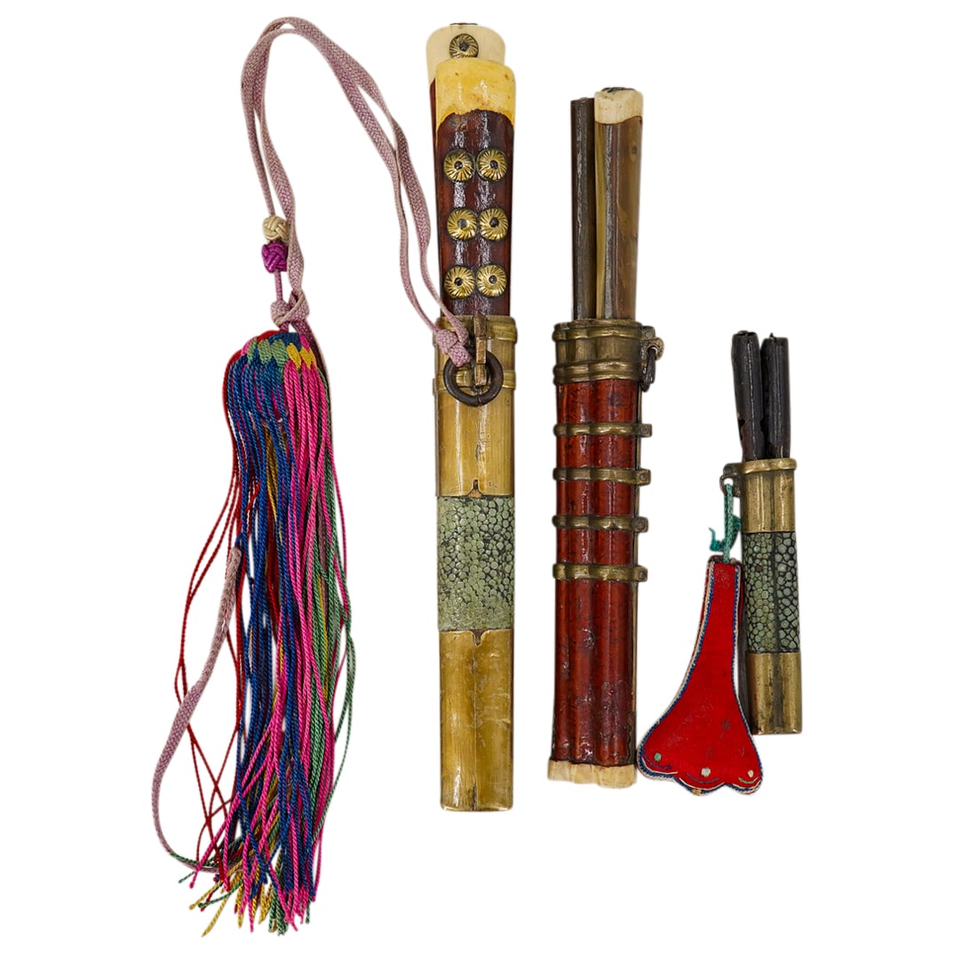 (3 Pc) Antique Chinese Travel Knife Sets: DESCRIPTION: Three antique travel knife sets: one smaller with two knives in a rayskin case, one larger with two knives in a rayskin case, and one with three knives in a lacquered wooden case. Knife h