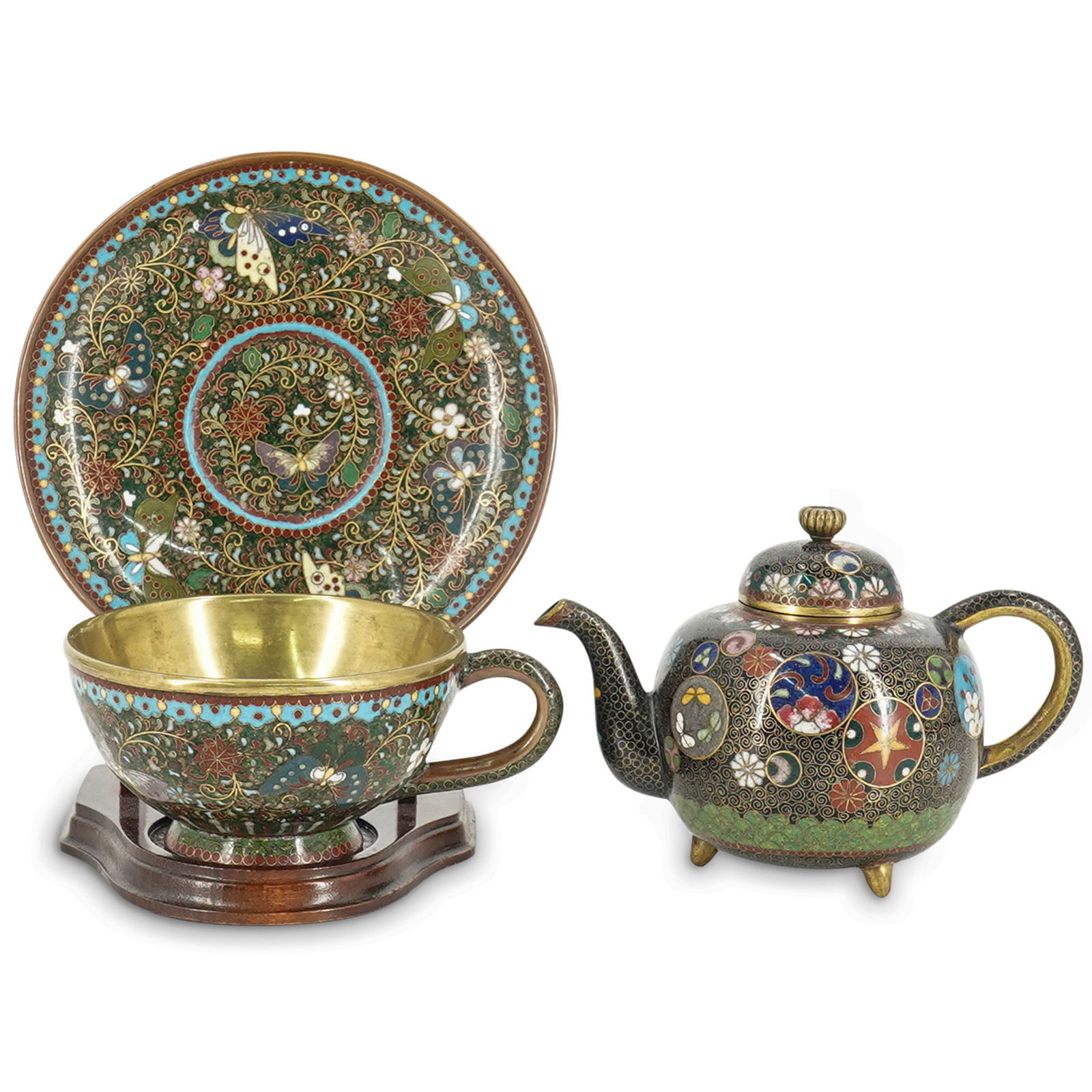 (3 Pc) Japanese Cloisonne Tea Set (1 of 11)