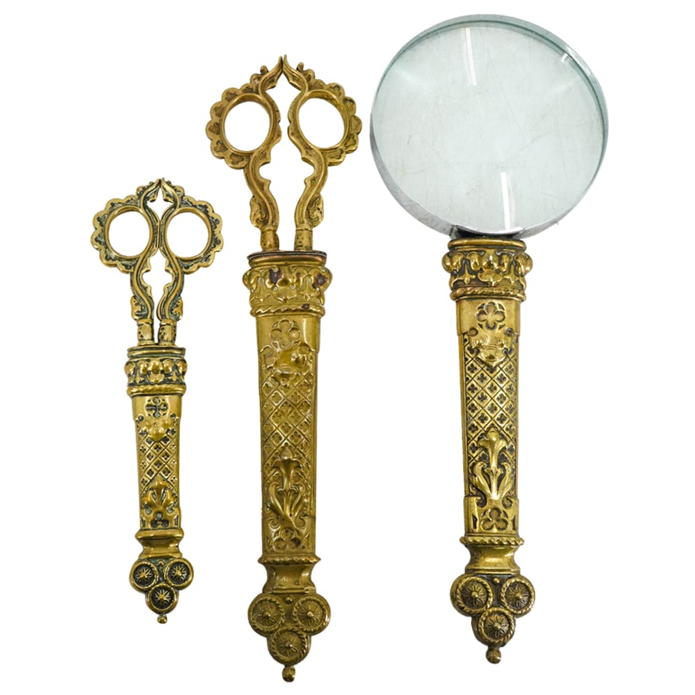 (3 Pc) Antique German Gothic Gilt Bronze Desk Set (1 of 13)