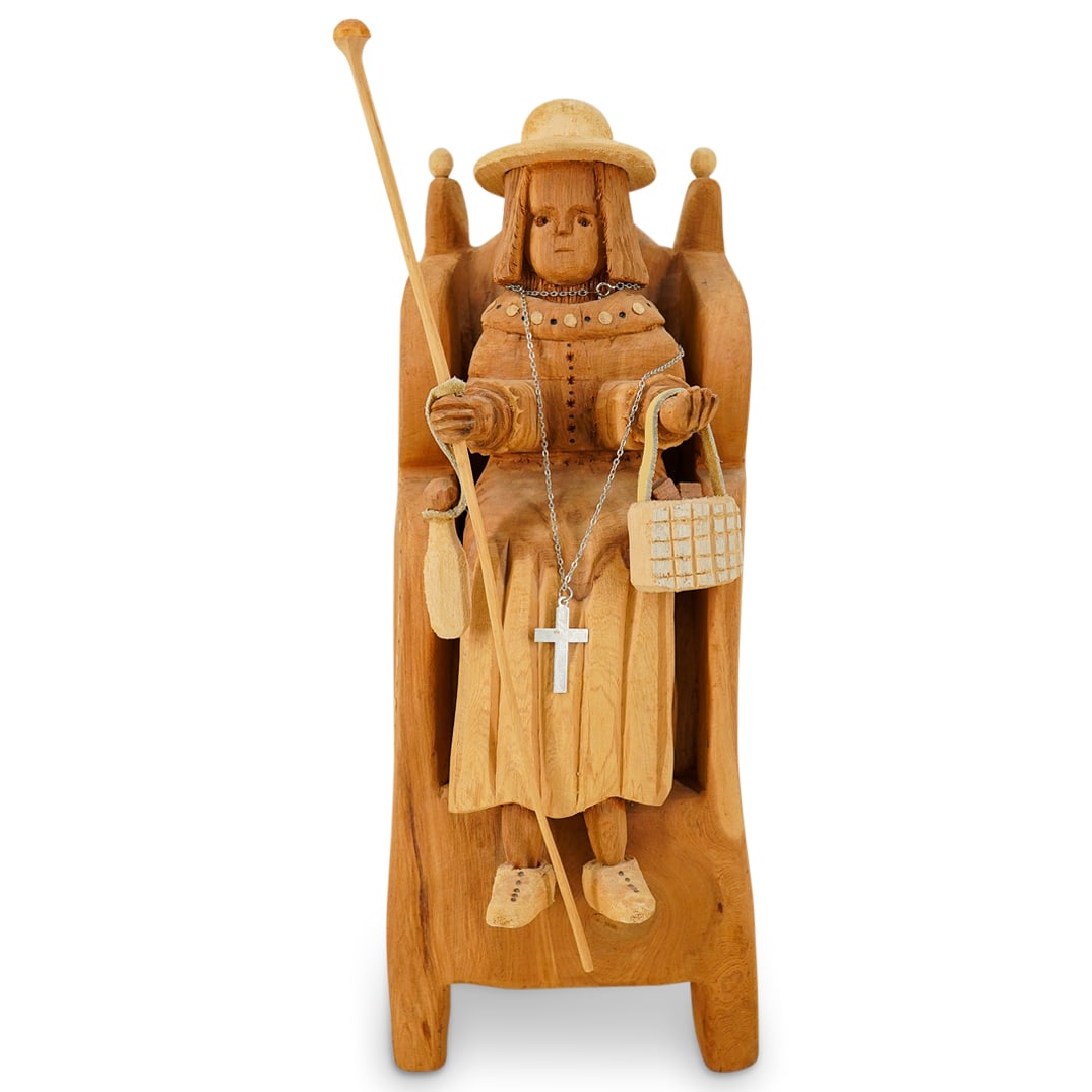 Leonardo Salazar (1931-1991) Carved Wood Figure In Throne: DESCRIPTION: Leonardo Salazar (1931-1991) Carved Wood Figure In Throne. Carved signature at underside: 'LEO G. SALAZAR, 85, Taos N.M.' CIRCA: 1985 ORIGIN: New Mexico DIMENSIONS: H: 15.5" x W: 6" x L: 