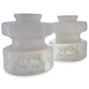 Toni Zuccheri, (Italian, 1936-2008), Pair of Murano Glass Shades: DESCRIPTION: Toni Zuccheri, (Italian, 1936-2008), Pair of Murano clear and milky white hand-blown glass shades with "stalactites" inside the bottom. CIRCA: 20th century. ORIGIN: Italy DIMENSIONS: Fitt