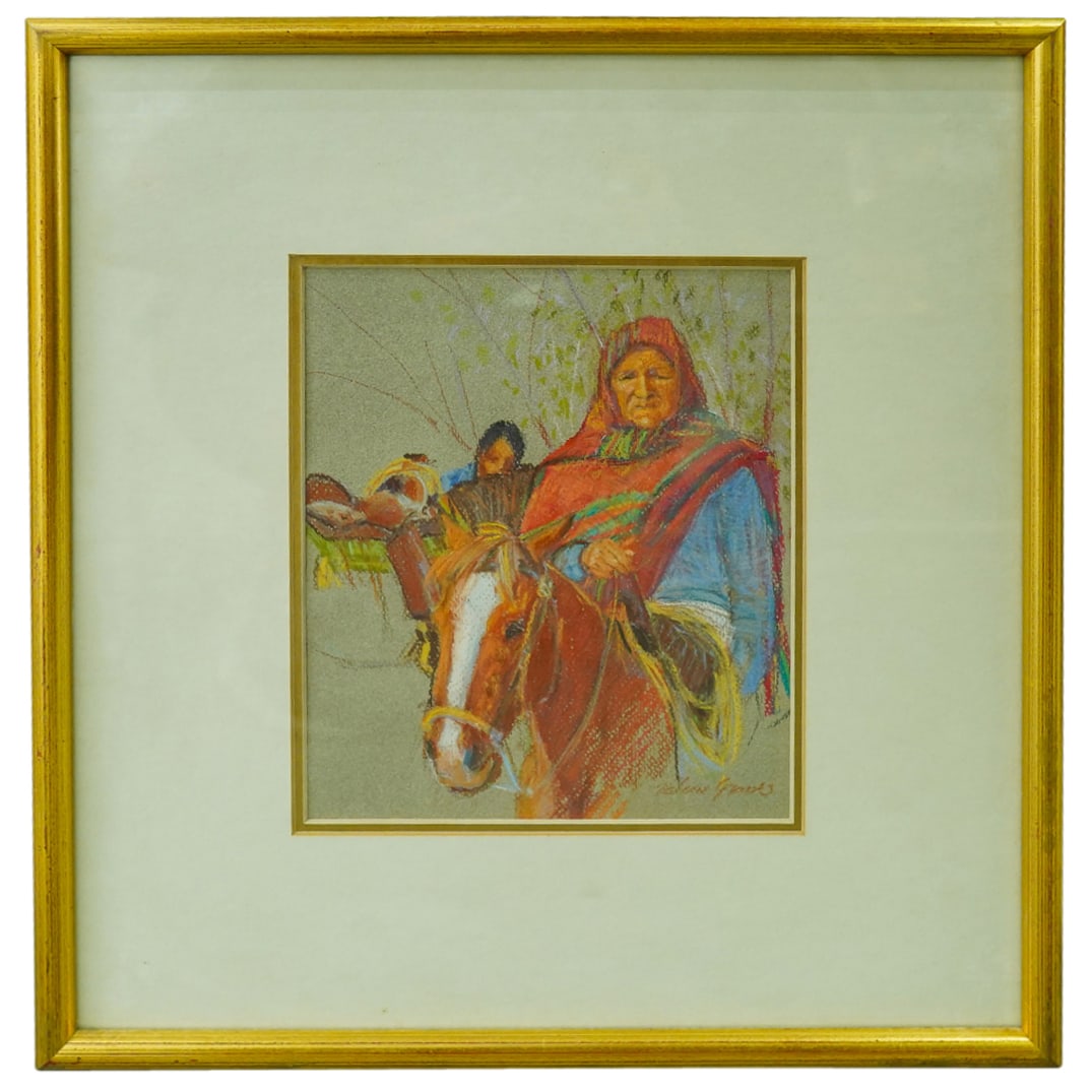 Valerie Graves (American, 1958) Pastel Painting On Paper: DESCRIPTION: Valerie Graves (American, 1958) pastel painting on paper, depicting an elderly female figure riding a horse. Titled on verso "Two Indian Riders". Signed 'Valerie Graves' on the lower righ