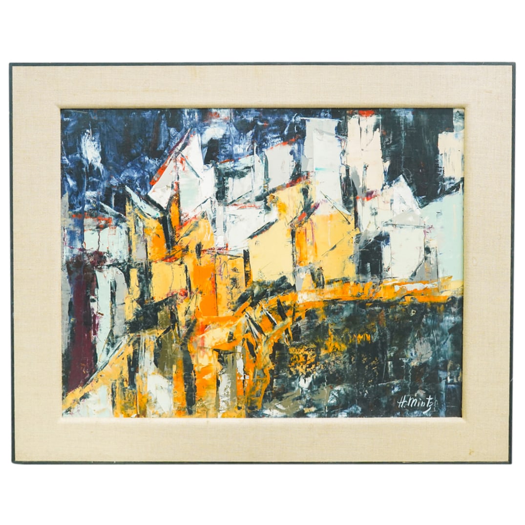 Harry Mintz (Polish / American, 1907-2002) Oil on Board: DESCRIPTION: Harry Mintz (Polish / American, 1907-2002) Abstract oil on board depicting a cluster of tightly packed homes. Undated, signed lower right, floated in a black wood frame with canvas border