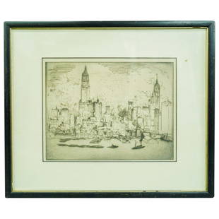 B.J.O. Nordfeldt (American , 1878) "The Two Towers N.Y." Original Etching: DESCRIPTION: Bror Julius Olsson Nordfeldt (American , 1878) original etching titled "The Two Towers N.Y." Limited edition of 100 proofs. With artist signature on pencil on the lower bottom side. Frame