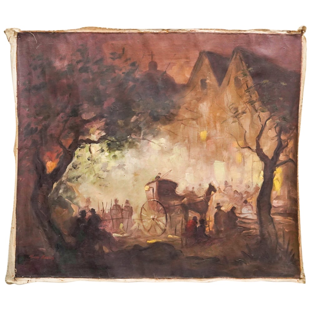 Antique French Signed Oil Painting: DESCRIPTION: Antique French oil painting featuring a horse and two-wheeled carriage at center. Signed at lower left, possibly "Percy Harris". CIRCA: Late 19th - Early 20th Century ORIGIN: European DIM