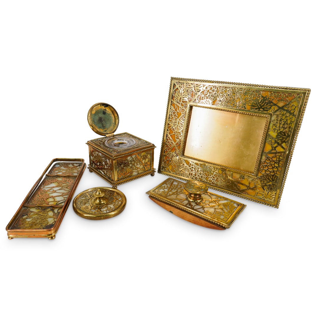 (5 Pc) Art Nouveau Tiffany Studios "Grapevine" Bronze & Slag Glass Desk Set (1 of 20)