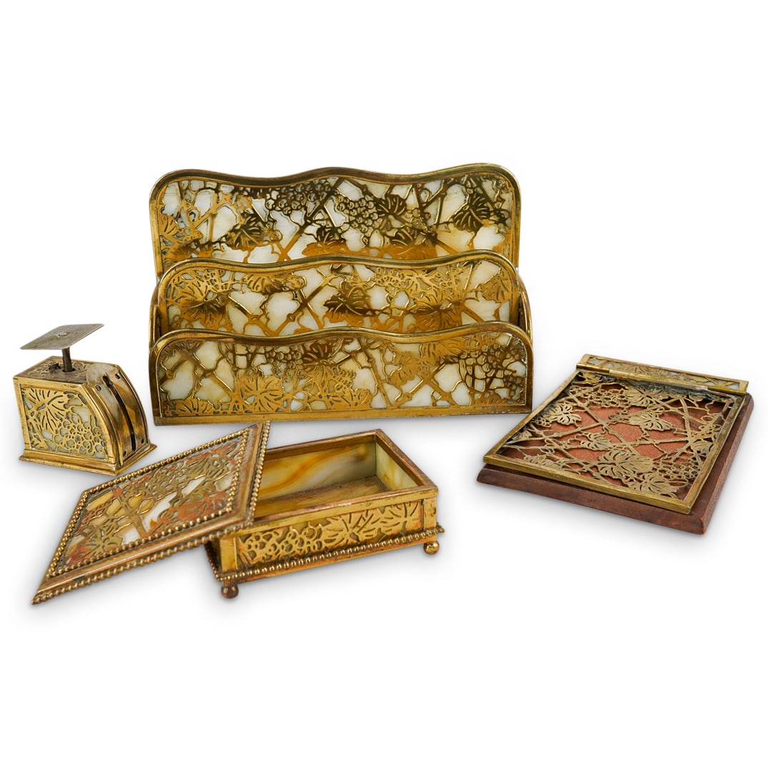 (4 Pc) Art Nouveau Tiffany Studios "Grapevine" Bronze & Slag Glass Desk Set (1 of 20)