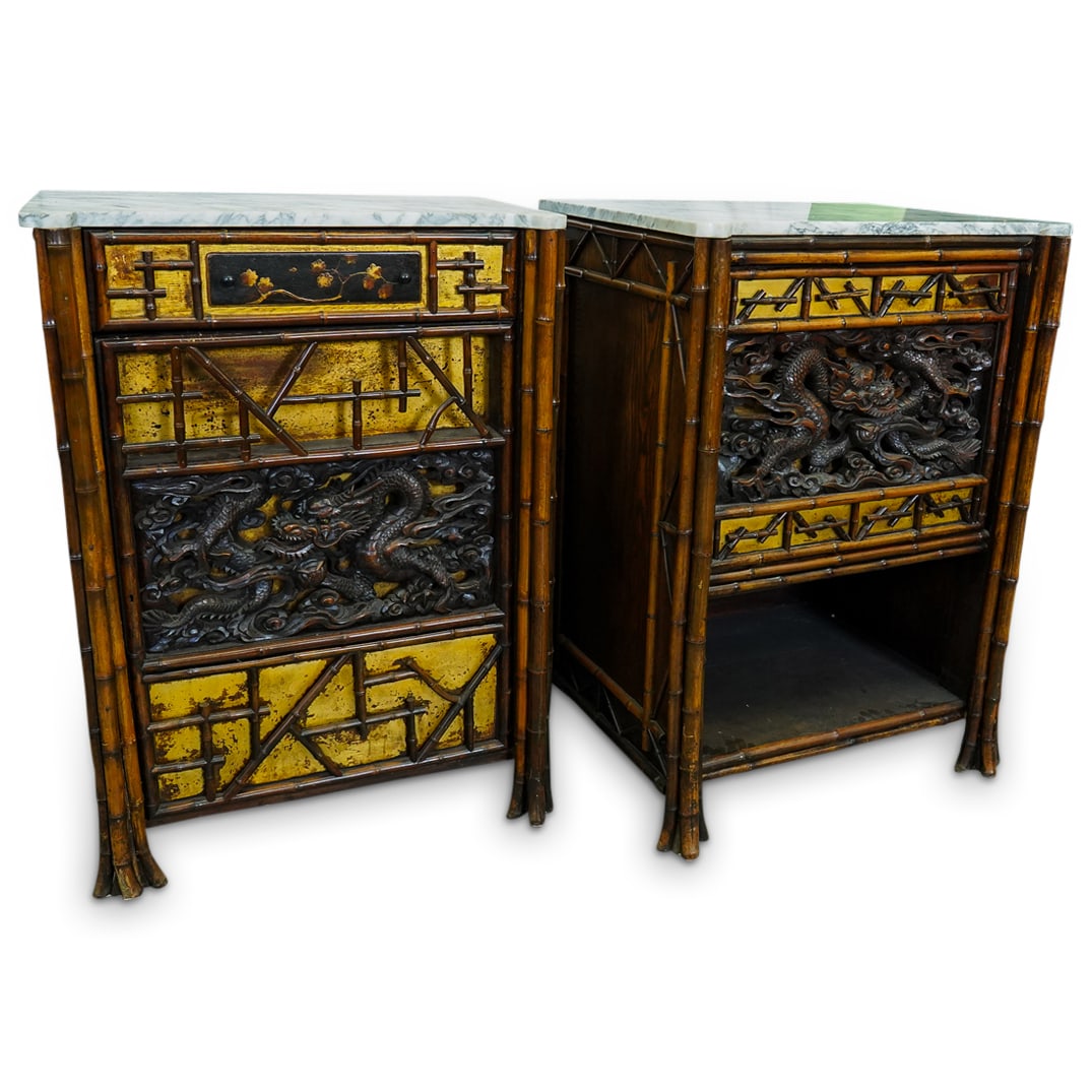 Pair Of Japonisme Carved Wood Marble Top Cabinets (1 of 20)