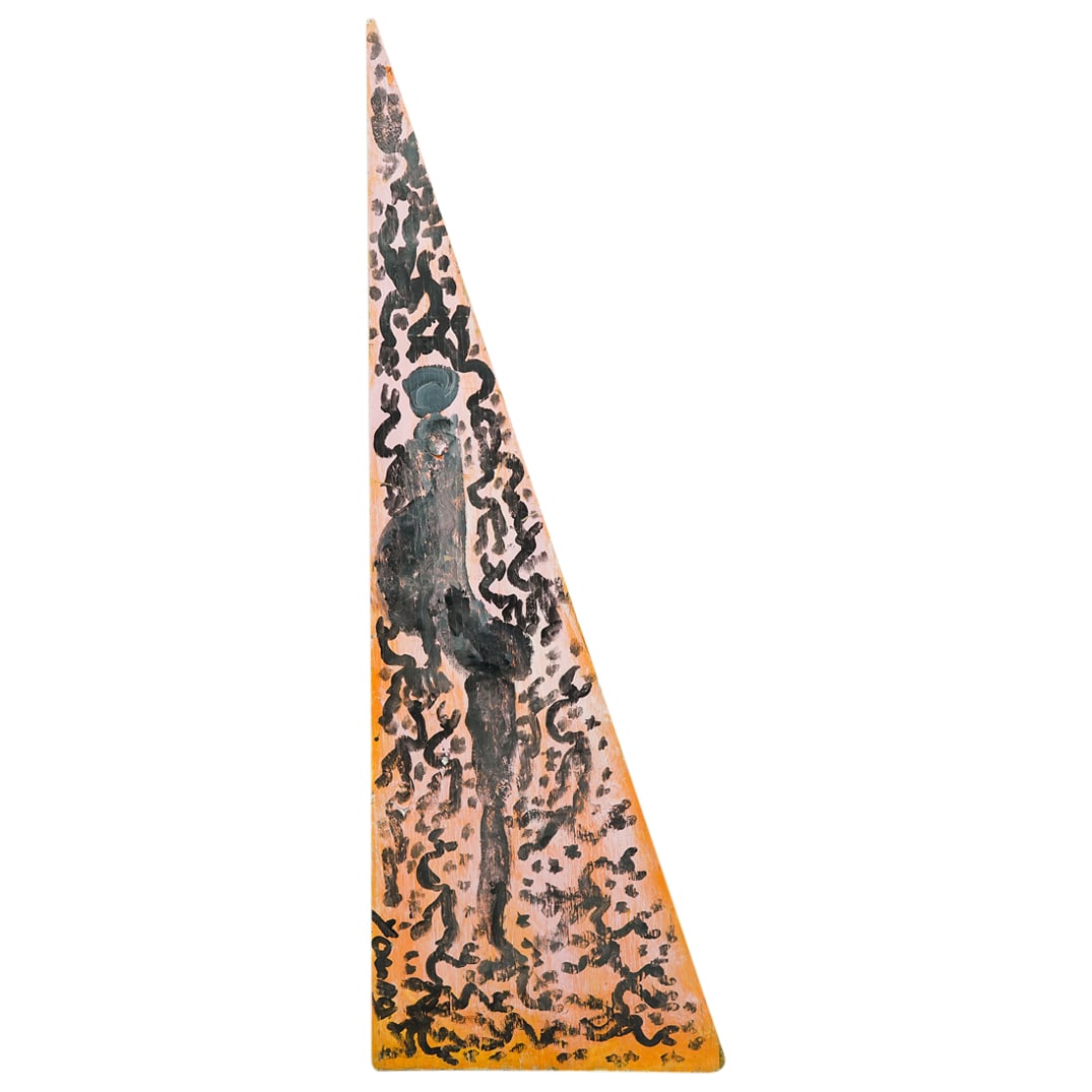 Purvis Young (American. 1943) Mixed Media Painting: DESCRIPTION: Purvis Young (American. 1943) Mixed Media Painting executed over a triangular form plywood panel. The panel painted with pregnant lady depictions over a pink to orange backdrop, signed "Y