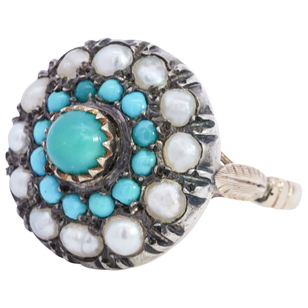 Antique 18k Gold Turquoise and Pearl Cluster Ring (1 of 5)
