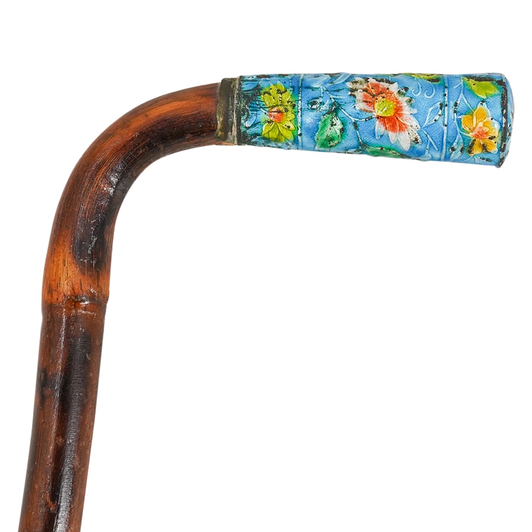 Antique Japanese Enameled Handle Bamboo Cane: DESCRIPTION: Antique bamboo cane featuring an enameled metal handle sporting floral, foliage, and bird motifs in various colors. CIRCA: Late 19th to early 20th Century ORIGIN: Japan DIMENSIONS: H: 34"