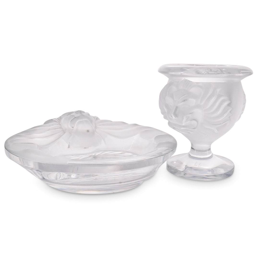 (2 Pc) Lalique "Tete De Lion" Cigarette Holder and Ashtray (1 of 11)