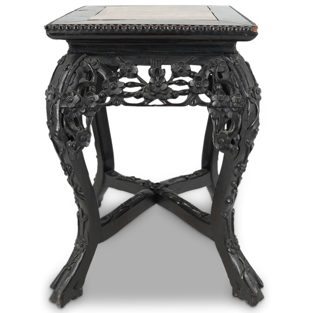 Chinese Carved Wooden Pedestal Table W/ Marble Top (1 of 14)
