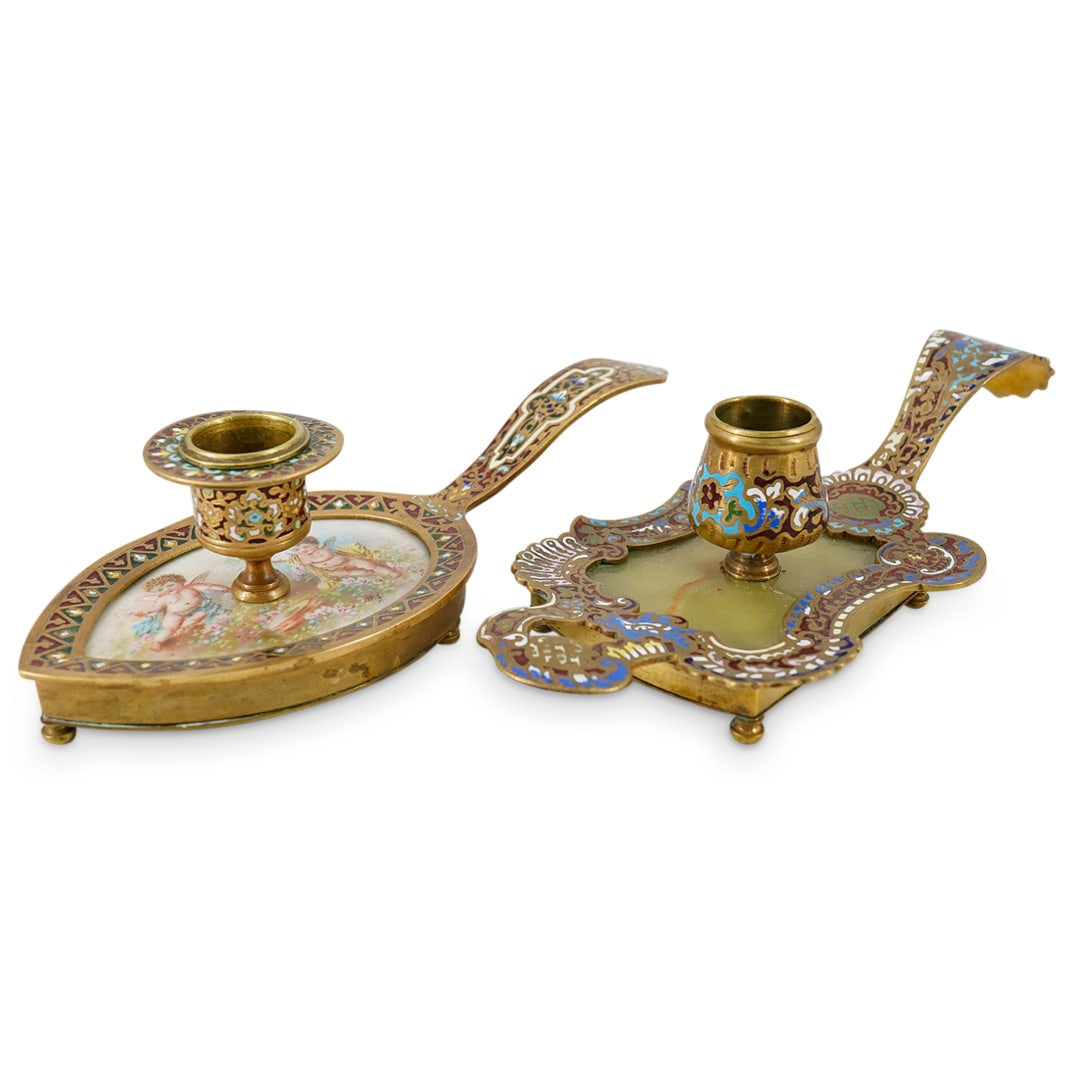 (2 Pc) French Champleve Bronze Candle Holders (1 of 16)