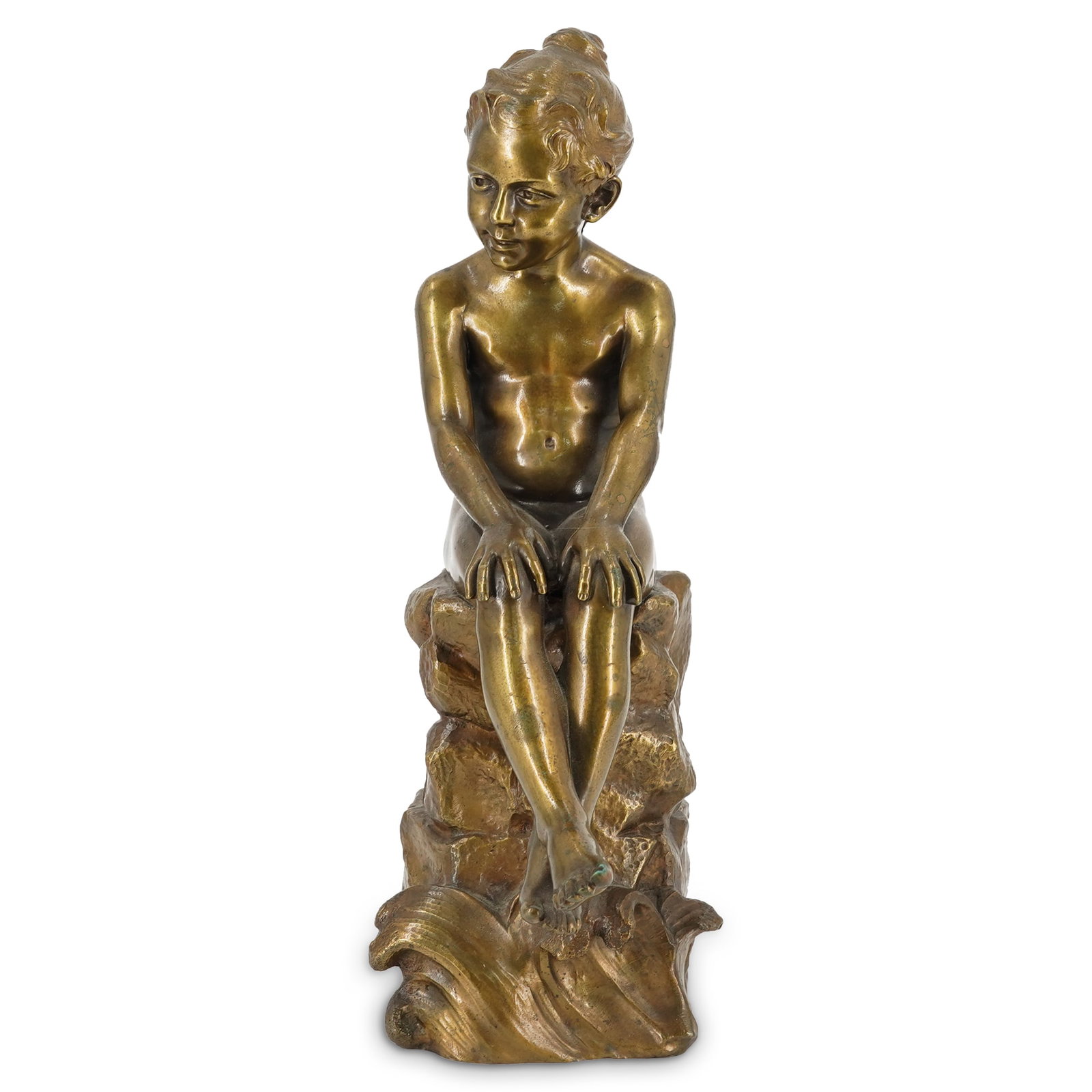 Noemie Debienne (French) Bronze Sculpture Girl on a Rock: DESCRIPTION: Antique bronze sculpture by French artist Noemie Debienne of a seated girl on a craggly rock form base. Back of base has signature "Debienne". CIRCA: Late 19th to Early 20th Century ORIGI