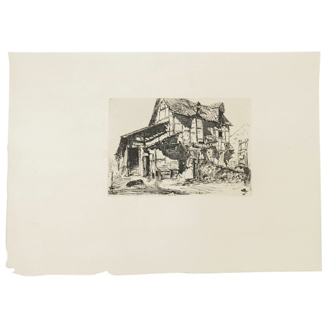 James Whistler (American, 1831-1903) 'The Unsafe Tenement' Etching: DESCRIPTION: James Whistler (American, 1831-1903) 'The Unsafe Tenement' (The Old Farm) Etching on paper, signed in plate (Lower Right). CIRCA: 1858 ORIGIN: USA DIMENSIONS: Image (H: 4.75" x L: 6.75")