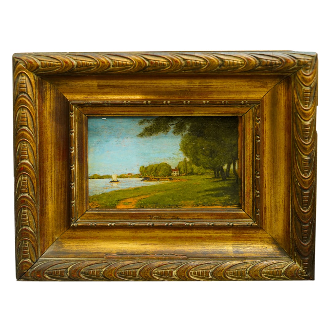 Hermann Dumler (German, 1878–1944) Oil On Board: DESCRIPTION: Oil on board painting by Hermann Dumler depicting a lakeside landscape. Signed and dated at lower left; sticker on verso gives title in German. Mounted in a gilt wooden frame. CIRCA: 1909