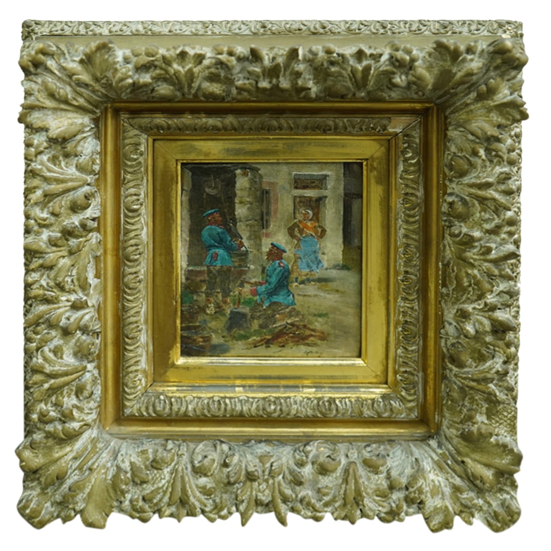 Marius Roy (French, 1853-1921) French Soldiers At Well Oil On Canvas: DESCRIPTION: Oil on canvas painting by Marius Roy depicting French soldiers performing chores at a well for a villager. Signed at lower right. Mounted in a gilt wooden frame. CIRCA: Late 19th to early