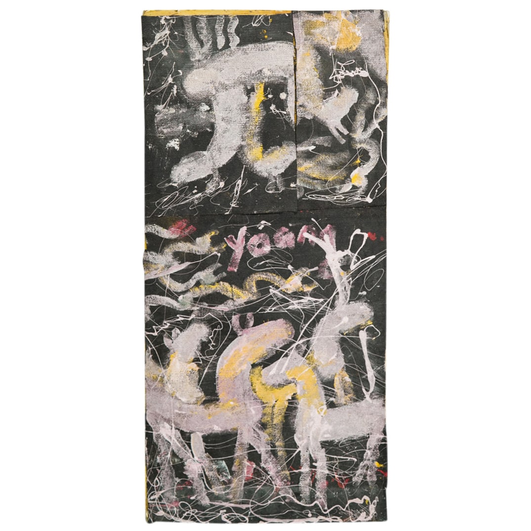 Purvis Young (American, 1943-2010) Mixed Media Painting: DESCRIPTION: A Purvis Young mixed media painting constructed with fabric over particle board. The fabric painted with horses in pink and multicolored tones, signed "Young". CIRCA: Early 2000s ORIGIN: