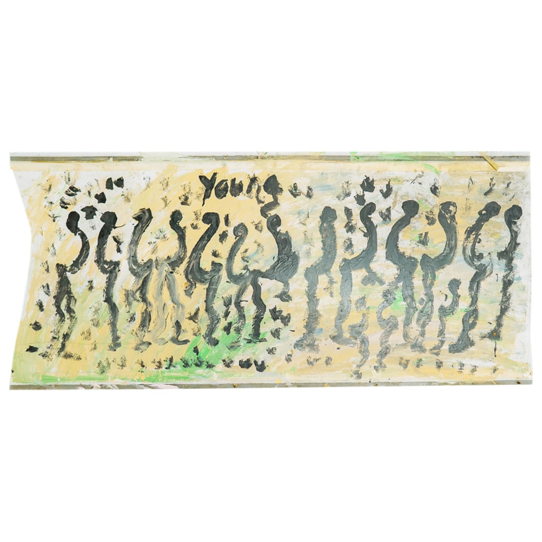 Purvis Young (American. 1943) Mixed Media Painting: DESCRIPTION: Purvis Young (American. 1943) Mixed Media Painting on the back of an acrylic "Miami Heat" Sign. The painting depicts a series of figures executed in black over a multicolor backdrop. Sign