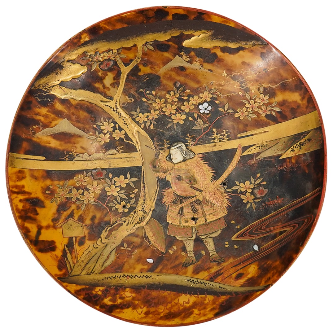 Japanese Meiji Maki-e Gilt Lacquered Bowl: DESCRIPTION: a Japanese Meiji Maki-e Gilt Lacquered Bowl comprised of a Turquoise like foundation decorated with a samurai motif heavily accented with gilt tones, Mother of pearl and carved bone appli