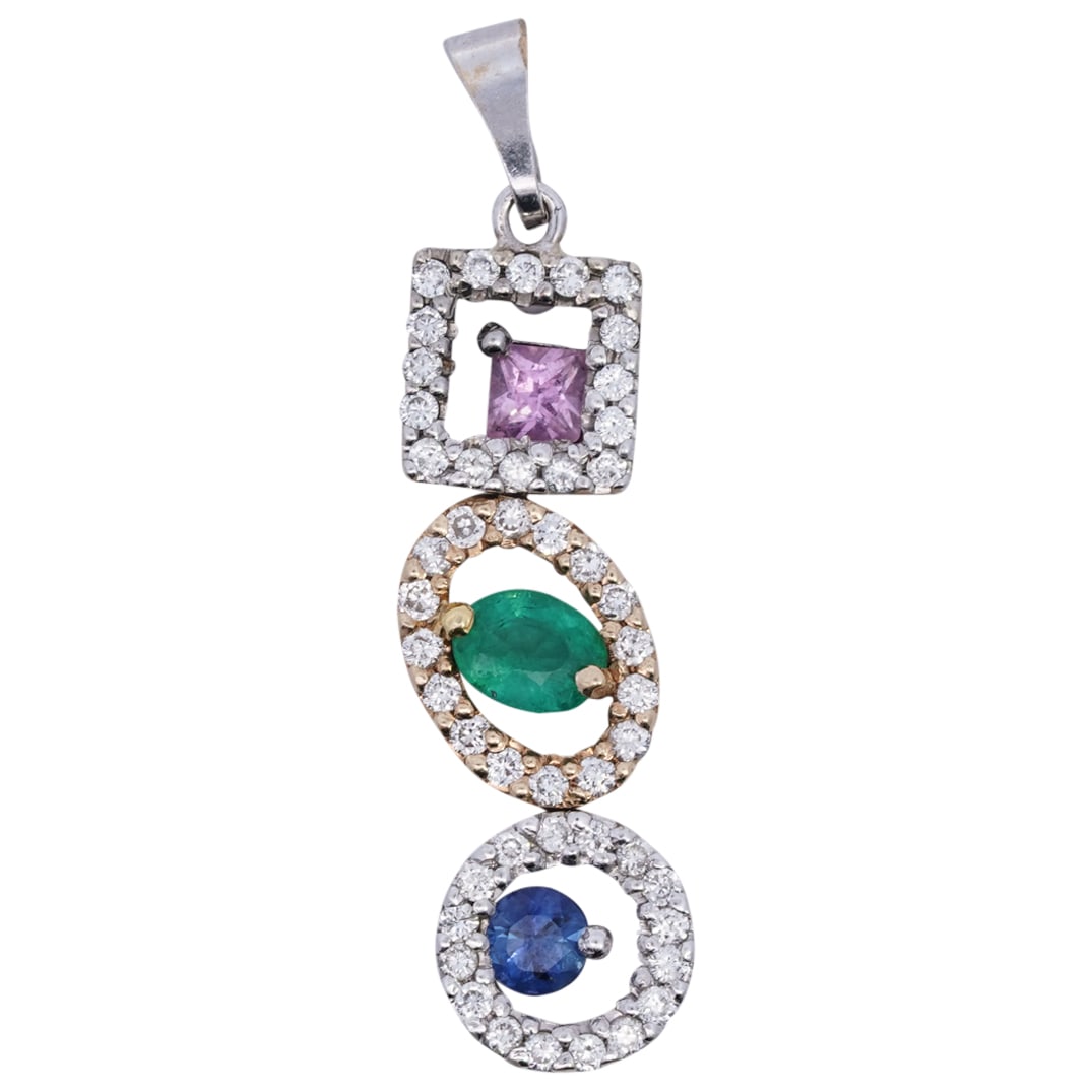 14k Gold Multi Gemstone and Diamond Pendant: DESCRIPTION: 14k yellow and white gold inset with a pink sapphire, blue sapphire, and emerald. Further accented by diamonds. Tested 14k. Total Weight: 2.11 Grams (1.35 dwt) CIRCA: 21st Cent. ORIGIN: U