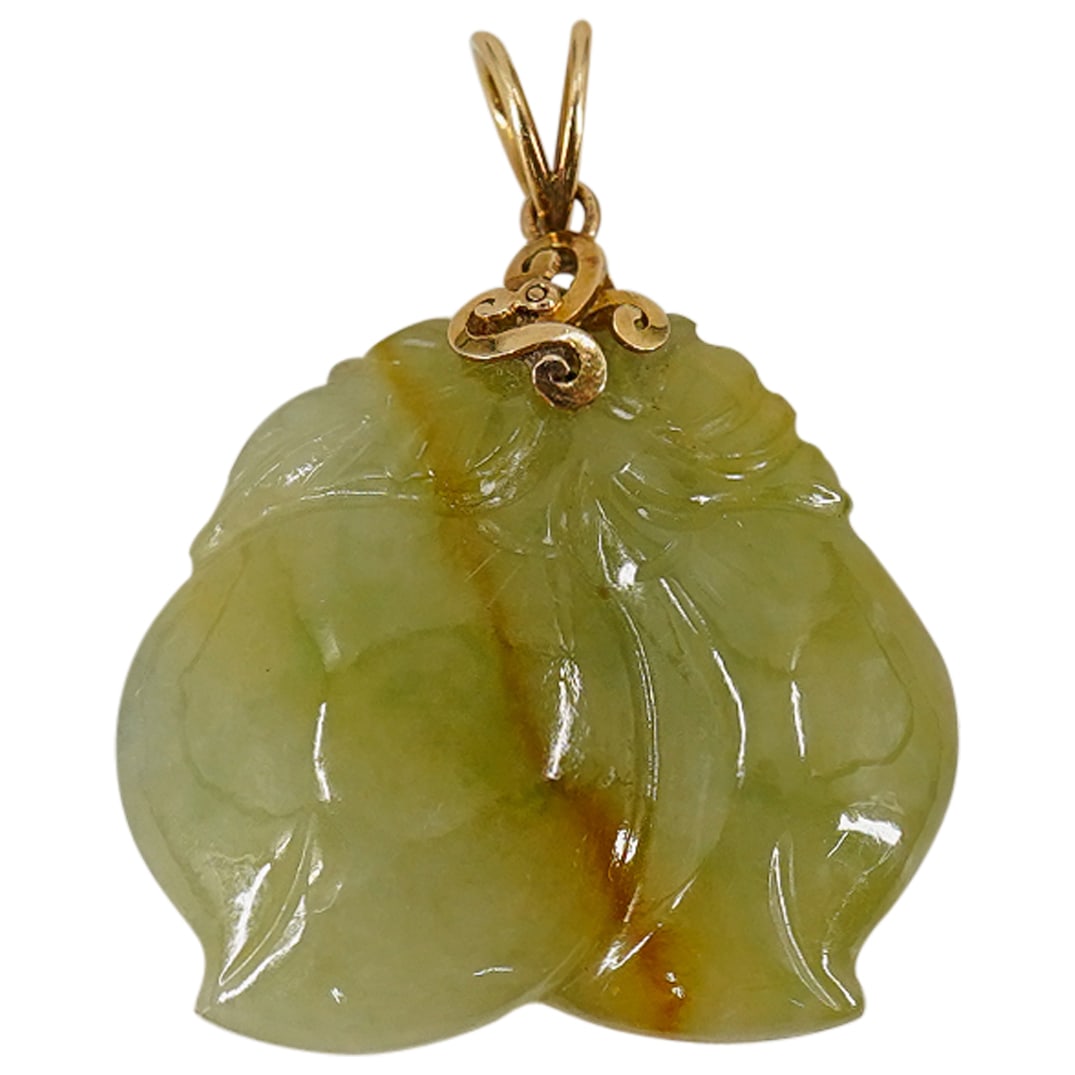 Chinese Green Jade & 14K Gold Carved Peach Pendant (1 of 4)