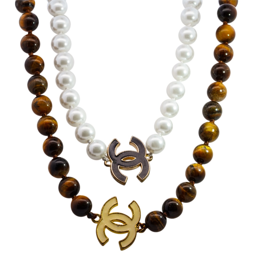 (2 Pc) Chanel Style Beaded Pearl and Tiger Eye Necklaces (1 of 3)