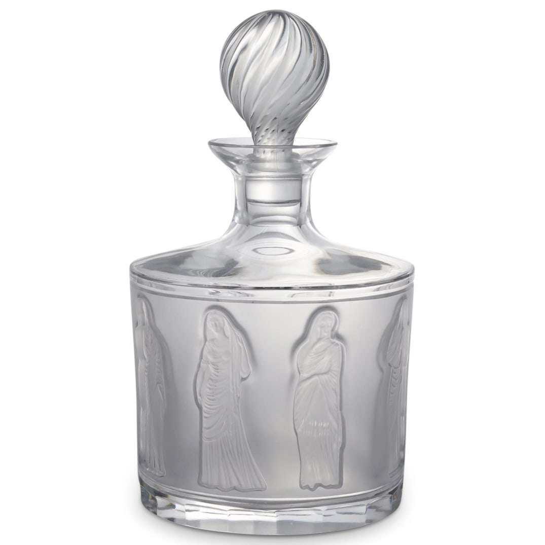 Lalique Frosted Glass Neoclassical Female Figure Decanter: DESCRIPTION: Lalique crystal glass decanter featuring frosted, textured, embossed images of women in neoclassical garb. Embellished with a twisted, ribbed stopper finial. Marked on underside: "Lalique